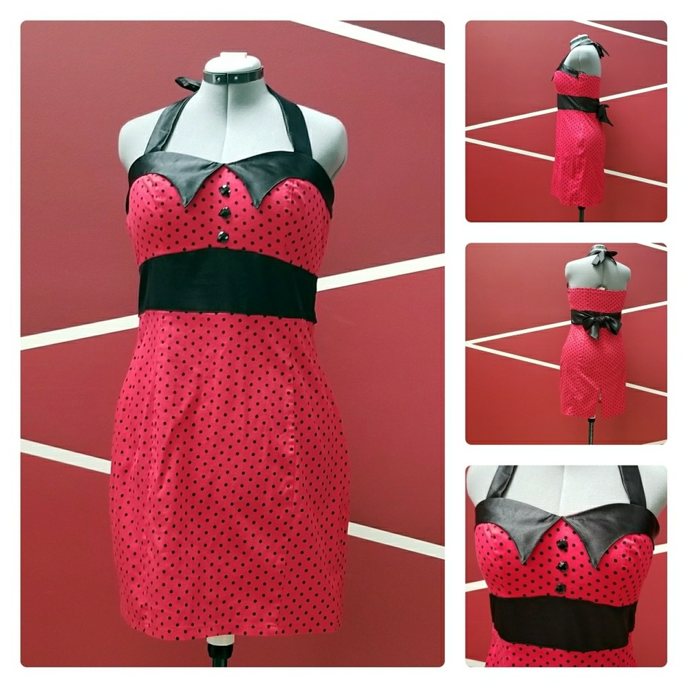 Red polka dot pinup wiggle halter dress